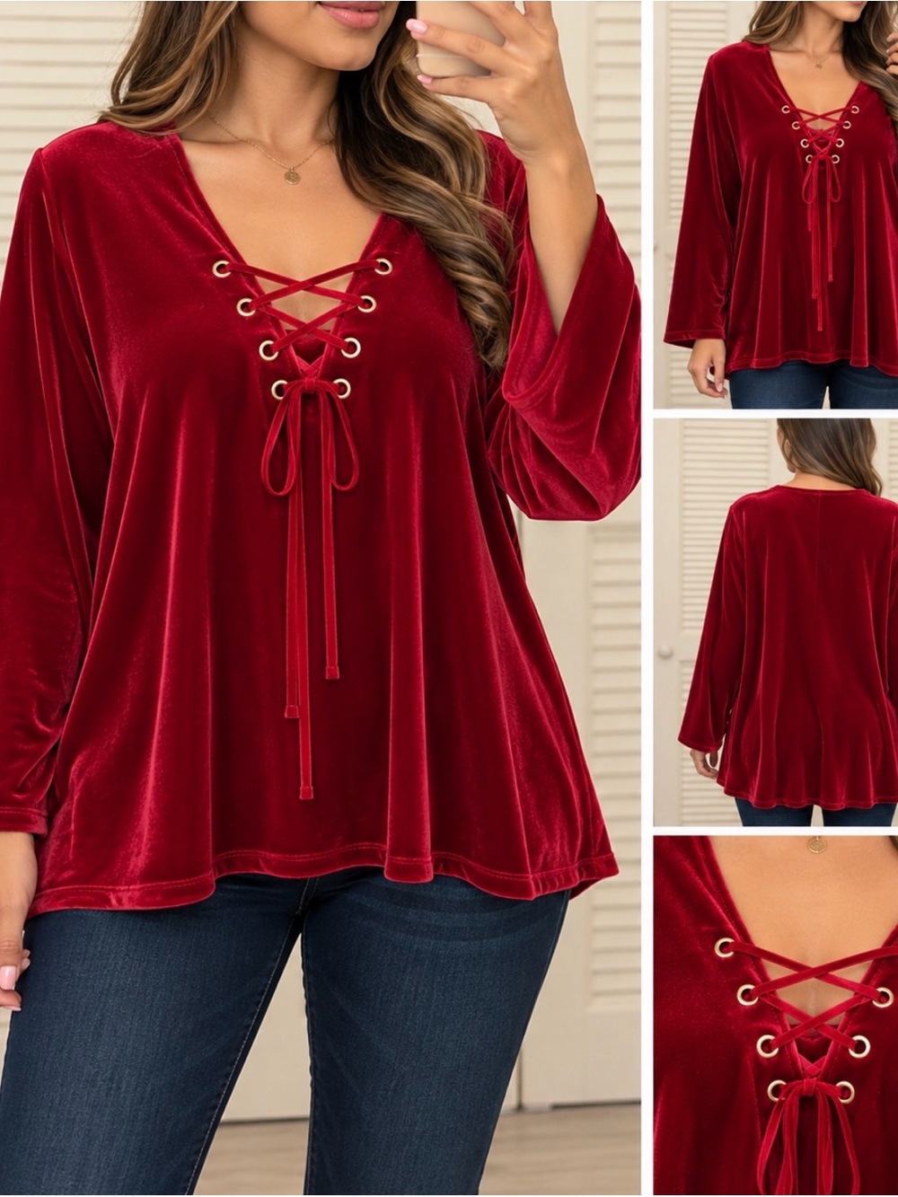 Midnight Velvet Red Velvet Lace-Up Long Sleeve Top